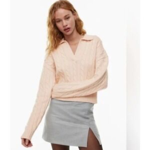 Aritzia Sunday Best Lottie Merino Wool Blend Cable Knit Sweater Size XL In Peach - Picture 1 of 11